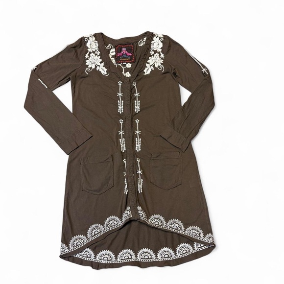 Johnny Was JW Embroidered Brown Dress Womens Small Snap Button Floral Boho Artsy - Picture 1 of 13